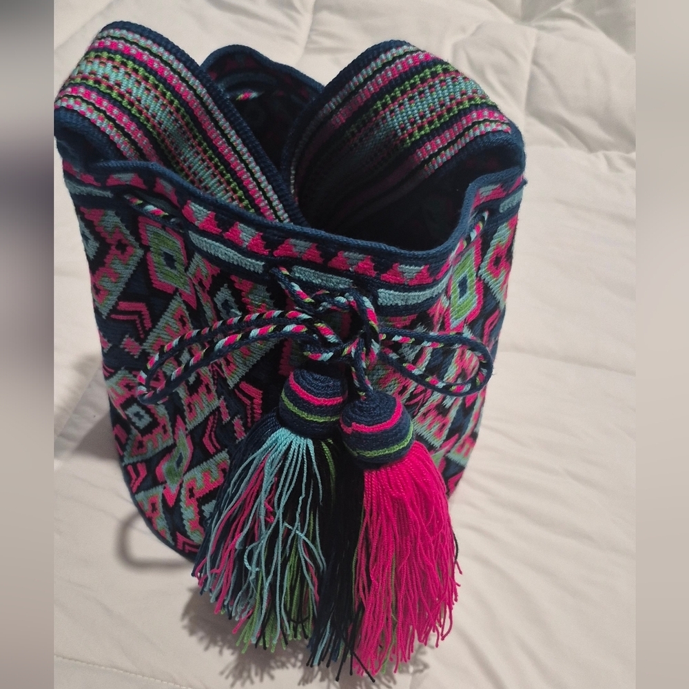 Handwoven Bucket Bag with Pink & Teal Accents